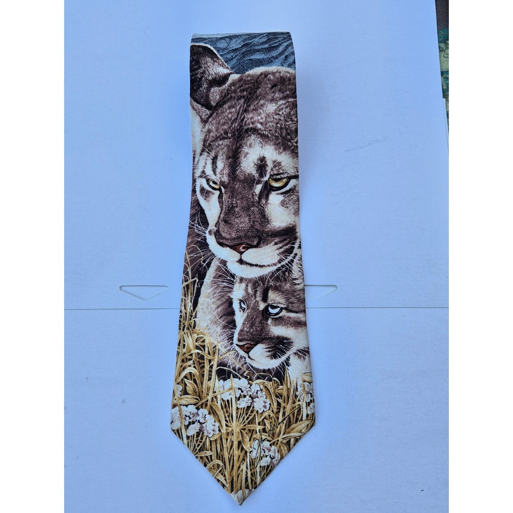 Vintage Endangered Species Cougar Silk Tie John Dawson 1993 Wildlife Brown Tan